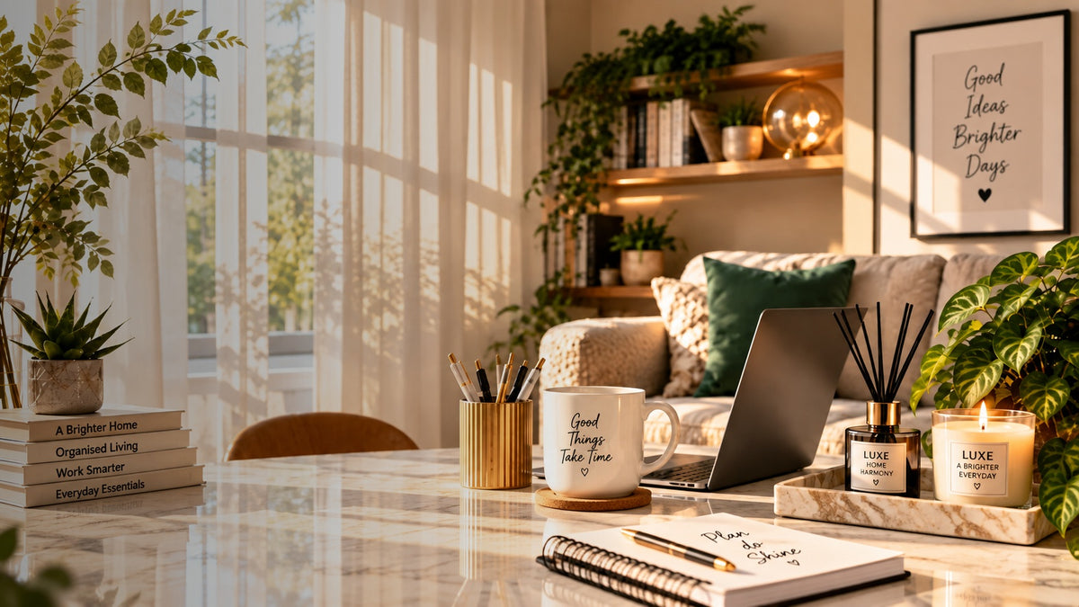LUXE warm home and workspace hero background with darker left side for readable overlay text